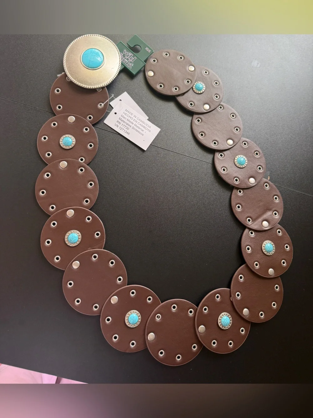 Wild Fable Y2K Western Turquoise Concho Disc Belt Brown XS S Boho Cowgirl NWT